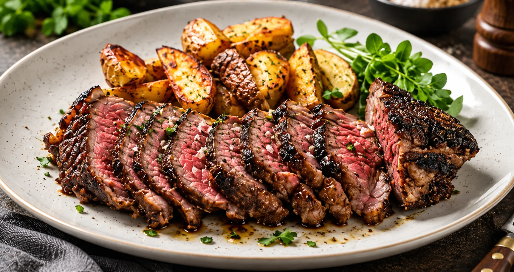 Beef striploin steak cooked to order at Cravings And Delight in southwest Edmonton, AB