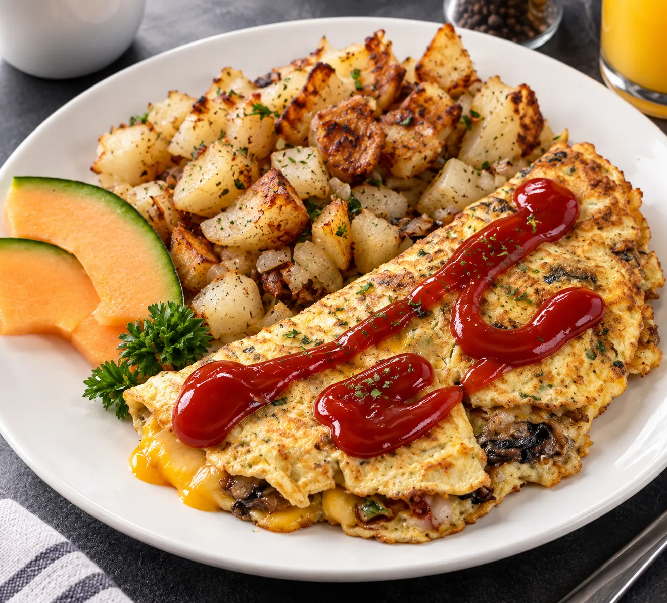 Three-egg omelette loaded with farm vegetables in southwest Edmonton, AB
